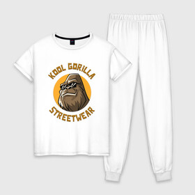 Женская пижама хлопок с принтом Koll Gorilla Streetwear в Петрозаводске, 100% хлопок | брюки и футболка прямого кроя, без карманов, на брюках мягкая резинка на поясе и по низу штанин | gorilla | koll gorilla | streetwear | горилла | обезьяна