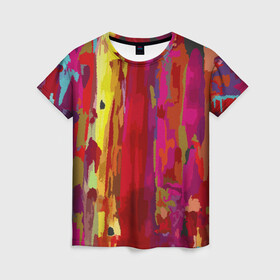Женская футболка 3D с принтом Радужный эвкалипт в Петрозаводске, 100% полиэфир ( синтетическое хлопкоподобное полотно) | прямой крой, круглый вырез горловины, длина до линии бедер | абстракция | красный | пятна | радуга | цвет