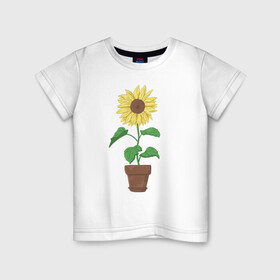 Детская футболка хлопок с принтом Подсолнух в горшке в Петрозаводске, 100% хлопок | круглый вырез горловины, полуприлегающий силуэт, длина до линии бедер | горшок | подсолнух | растение | цветок