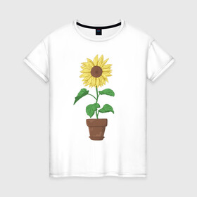 Женская футболка хлопок с принтом Подсолнух в горшке в Петрозаводске, 100% хлопок | прямой крой, круглый вырез горловины, длина до линии бедер, слегка спущенное плечо | горшок | подсолнух | растение | цветок