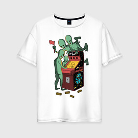 Женская футболка хлопок Oversize с принтом Пришельцы в игровых автоматах в Петрозаводске, 100% хлопок | свободный крой, круглый ворот, спущенный рукав, длина до линии бедер
 | игра | игровой автомат | инопланетяне | марсиане | нло | пришельцы