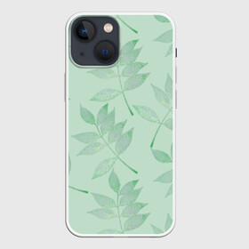 Чехол для iPhone 13 mini с принтом Зеленые листья на светло зеленом в Петрозаводске,  |  | 8 марта | leaves | summer | ботаническая иллюстрация | весна | зеленый | лето | листья | любовь | праздник | принт | природа | растения