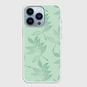 Чехол для iPhone 13 Pro с принтом Зеленые листья на светло зеленом в Петрозаводске,  |  | 8 марта | leaves | summer | ботаническая иллюстрация | весна | зеленый | лето | листья | любовь | праздник | принт | природа | растения