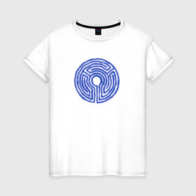 Женская футболка хлопок с принтом Лазерный лабиринт  в Петрозаводске, 100% хлопок | прямой крой, круглый вырез горловины, длина до линии бедер, слегка спущенное плечо | secret lab | круглый лабиринт | лазерная арена | лазерный круг | неон | синий круг