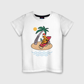 Детская футболка хлопок с принтом Котик встречает НГ на пляже в Петрозаводске, 100% хлопок | круглый вырез горловины, полуприлегающий силуэт, длина до линии бедер | christmas | бали | зимой в лето | иллюстрация | коктейль | кот | котик | котэ | лето | море | нг | новогодний | новый год | океан | острова | пальма | песок | пляж | прикольные картинки | рисунок | солнце