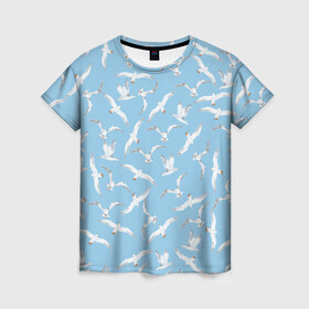Женская футболка 3D с принтом Чайки в небе паттерн в Петрозаводске, 100% полиэфир ( синтетическое хлопкоподобное полотно) | прямой крой, круглый вырез горловины, длина до линии бедер | акварель | голубое небо | иллюстрация | паттерн | птицы | рисунок | чайка | чайки | чайки в небе