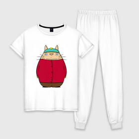 Женская пижама хлопок с принтом Totoro Cartman в Петрозаводске, 100% хлопок | брюки и футболка прямого кроя, без карманов, на брюках мягкая резинка на поясе и по низу штанин | ghibli | japan | nature | neigbor | neighbour | totoro | анимация | аниме | гибли | друг | животные | лес | милый | мир | миядзаки | мой сосед тоторо | мульт | мультфильм | природа | сосед | тоторо | хаяо | хранитель | япония