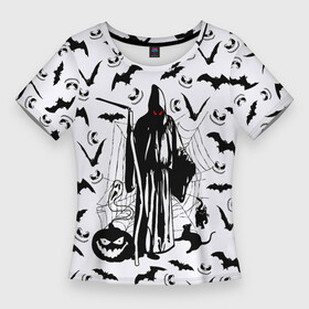 Женская футболка 3D Slim с принтом Хэллоуин, Grim Reaper в Петрозаводске,  |  | bat | death | ghost | halloween | horror | spiderweb | вампиры | летучая мышь | летучие мыши | нечистая сила | нечисть | пауки | паутина | привидение | призрак | страшный | тыква | тьма | хеллоуин | хоррор | хэллоуин