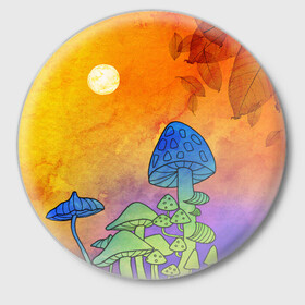 Значок с принтом Заколдованный лес в Петрозаводске,  металл | круглая форма, металлическая застежка в виде булавки | Тематика изображения на принте: акварель | глитч грибы | грибы | грибы нарисованные карандашом | листва | необычный лес | цветные грибы