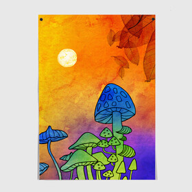 Постер с принтом Заколдованный лес в Петрозаводске, 100% бумага
 | бумага, плотность 150 мг. Матовая, но за счет высокого коэффициента гладкости имеет небольшой блеск и дает на свету блики, но в отличии от глянцевой бумаги не покрыта лаком | акварель | глитч грибы | грибы | грибы нарисованные карандашом | листва | необычный лес | цветные грибы