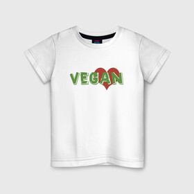 Детская футболка хлопок с принтом Vegan Love в Петрозаводске, 100% хлопок | круглый вырез горловины, полуприлегающий силуэт, длина до линии бедер | green | greenpaece | love | vegan | yoga | веган | вегетарианец | гринпис | дерево | еда | животные | жизнь | здоровье | зеленый | йога | любовь | мир | овощи | пища | планета | природа | сердце | фрукты