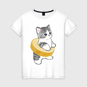Женская футболка хлопок с принтом Котёнок в бублике в Петрозаводске, 100% хлопок | прямой крой, круглый вырез горловины, длина до линии бедер, слегка спущенное плечо | арт | бублик | кот | котёнок | кошка | милая кошка | милый кот | милый котёнок | пончик | рисунок