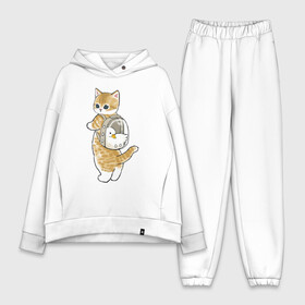 Женский костюм хлопок Oversize с принтом Котёнок с гусём в Петрозаводске,  |  | арт | гусь | домашнее животное | кот | котёнок | кошка | милая кошка | милый кот | милый котёнок | пончик | прогулка | рисунок | рюкзак