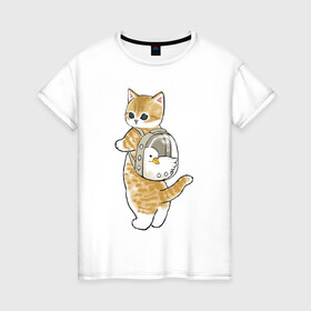 Женская футболка хлопок с принтом Котёнок с гусём в Петрозаводске, 100% хлопок | прямой крой, круглый вырез горловины, длина до линии бедер, слегка спущенное плечо | арт | гусь | домашнее животное | кот | котёнок | кошка | милая кошка | милый кот | милый котёнок | пончик | прогулка | рисунок | рюкзак