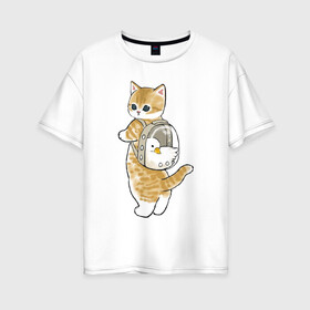 Женская футболка хлопок Oversize с принтом Котёнок с гусём в Петрозаводске, 100% хлопок | свободный крой, круглый ворот, спущенный рукав, длина до линии бедер
 | арт | гусь | домашнее животное | кот | котёнок | кошка | милая кошка | милый кот | милый котёнок | пончик | прогулка | рисунок | рюкзак