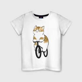 Детская футболка хлопок с принтом Котик на велосипеде в Петрозаводске, 100% хлопок | круглый вырез горловины, полуприлегающий силуэт, длина до линии бедер | Тематика изображения на принте: арт | велосипед | ветер | кот | котёнок | кошка | милая кошка | милый кот | милый котёнок | отдых | отдыхает | пончик | рисунок