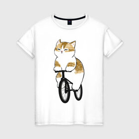 Женская футболка хлопок с принтом Котик на велосипеде в Петрозаводске, 100% хлопок | прямой крой, круглый вырез горловины, длина до линии бедер, слегка спущенное плечо | арт | велосипед | ветер | кот | котёнок | кошка | милая кошка | милый кот | милый котёнок | отдых | отдыхает | пончик | рисунок