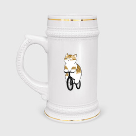 Кружка пивная с принтом Котик на велосипеде в Петрозаводске,  керамика (Материал выдерживает высокую температуру, стоит избегать резкого перепада температур) |  объем 630 мл | Тематика изображения на принте: арт | велосипед | ветер | кот | котёнок | кошка | милая кошка | милый кот | милый котёнок | отдых | отдыхает | пончик | рисунок