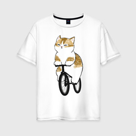 Женская футболка хлопок Oversize с принтом Котик на велосипеде в Петрозаводске, 100% хлопок | свободный крой, круглый ворот, спущенный рукав, длина до линии бедер
 | арт | велосипед | ветер | кот | котёнок | кошка | милая кошка | милый кот | милый котёнок | отдых | отдыхает | пончик | рисунок