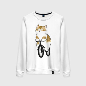 Женский свитшот хлопок с принтом Котик на велосипеде в Петрозаводске, 100% хлопок | прямой крой, круглый вырез, на манжетах и по низу широкая трикотажная резинка  | арт | велосипед | ветер | кот | котёнок | кошка | милая кошка | милый кот | милый котёнок | отдых | отдыхает | пончик | рисунок