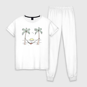 Женская пижама хлопок с принтом Улыбка лета в Петрозаводске, 100% хлопок | брюки и футболка прямого кроя, без карманов, на брюках мягкая резинка на поясе и по низу штанин | азия | гамак | жаркие страны | закат | зимовка | иллюстрация | лето | пальмы | рисунок
