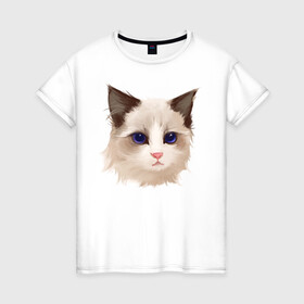 Женская футболка хлопок с принтом Хмурый кот в Петрозаводске, 100% хлопок | прямой крой, круглый вырез горловины, длина до линии бедер, слегка спущенное плечо | арт | белая кошка | иллюстрация | котенок | котик | кошечка