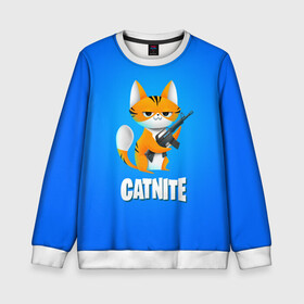 Детский свитшот 3D с принтом Catnite в Петрозаводске, 100% полиэстер | свободная посадка, прямой крой, мягкая тканевая резинка на рукавах и понизу свитшота | Тематика изображения на принте: cs go | fortnite | кот | котик | смешной кот | смешной фортнайт | фортнайт | шутер