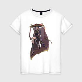Женская футболка хлопок с принтом Скарамучча в Петрозаводске, 100% хлопок | прямой крой, круглый вырез горловины, длина до линии бедер, слегка спущенное плечо | арт | баал | инадзума | милый парень | рисунок | скарамучча | фатуи