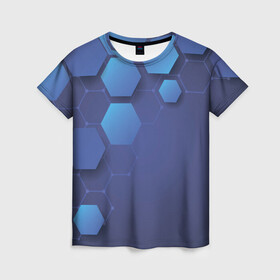 Женская футболка 3D с принтом Шестиугольники в Петрозаводске, 100% полиэфир ( синтетическое хлопкоподобное полотно) | прямой крой, круглый вырез горловины, длина до линии бедер | геометрические фигуры | геометрия | линии | ромбы | синий фон | фигуры