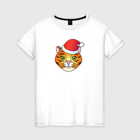 Женская футболка хлопок с принтом Мордочка Тигра в колпаке Санты в Петрозаводске, 100% хлопок | прямой крой, круглый вырез горловины, длина до линии бедер, слегка спущенное плечо | 2022 | колпак санты | новый год | символ | тигр