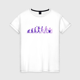 Женская футболка хлопок с принтом Эволюция Програмиста  в Петрозаводске, 100% хлопок | прямой крой, круглый вырез горловины, длина до линии бедер, слегка спущенное плечо | Тематика изображения на принте: настроение | неон. | обезьяна | подарок програмисту | позитив | смешно