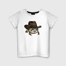 Детская футболка хлопок с принтом Дождевая лягушка в шляпе в Петрозаводске, 100% хлопок | круглый вырез горловины, полуприлегающий силуэт, длина до линии бедер | cowboy | cowboy hat | desert rain frog | howdy meme | meme | дождевая лягушка | иллюстрация | ковбой | ковбойская шляпа | лягуха | мемы | настроение | недовольное лицо | прикольные картинки | рисунок | сердитая лягушка