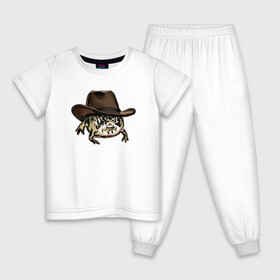 Детская пижама хлопок с принтом Дождевая лягушка в шляпе в Петрозаводске, 100% хлопок |  брюки и футболка прямого кроя, без карманов, на брюках мягкая резинка на поясе и по низу штанин
 | Тематика изображения на принте: cowboy | cowboy hat | desert rain frog | howdy meme | meme | дождевая лягушка | иллюстрация | ковбой | ковбойская шляпа | лягуха | мемы | настроение | недовольное лицо | прикольные картинки | рисунок | сердитая лягушка