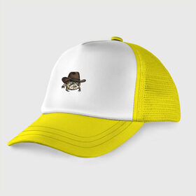 Детская кепка тракер с принтом Дождевая лягушка в шляпе в Петрозаводске, Козырек - 100% хлопок. Кепка - 100% полиэстер, Задняя часть - сетка | универсальный размер, пластиковая застёжка | Тематика изображения на принте: cowboy | cowboy hat | desert rain frog | howdy meme | meme | дождевая лягушка | иллюстрация | ковбой | ковбойская шляпа | лягуха | мемы | настроение | недовольное лицо | прикольные картинки | рисунок | сердитая лягушка
