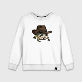 Детский свитшот хлопок с принтом Дождевая лягушка в шляпе в Петрозаводске, 100% хлопок | круглый вырез горловины, эластичные манжеты, пояс и воротник | Тематика изображения на принте: cowboy | cowboy hat | desert rain frog | howdy meme | meme | дождевая лягушка | иллюстрация | ковбой | ковбойская шляпа | лягуха | мемы | настроение | недовольное лицо | прикольные картинки | рисунок | сердитая лягушка