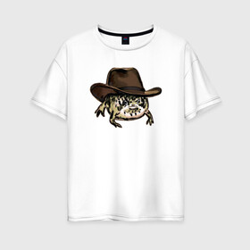 Женская футболка хлопок Oversize с принтом Дождевая лягушка в шляпе в Петрозаводске, 100% хлопок | свободный крой, круглый ворот, спущенный рукав, длина до линии бедер
 | cowboy | cowboy hat | desert rain frog | howdy meme | meme | дождевая лягушка | иллюстрация | ковбой | ковбойская шляпа | лягуха | мемы | настроение | недовольное лицо | прикольные картинки | рисунок | сердитая лягушка