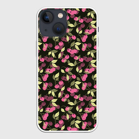 Чехол для iPhone 13 mini с принтом Вишневый узор в Петрозаводске,  |  | вишня | детский | еда | лето | природа | розовый и черный | сад | ягодный узор | ягоды | ягоды вишни