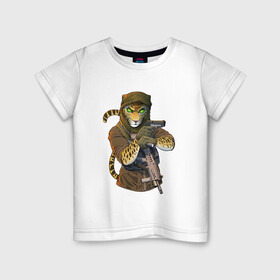 Детская футболка хлопок с принтом Песчаный отряд в Петрозаводске, 100% хлопок | круглый вырез горловины, полуприлегающий силуэт, длина до линии бедер | Тематика изображения на принте: арт | африка | гепард | жара | животное | зверь | леопард | оружие | рисунок | человекоподобный