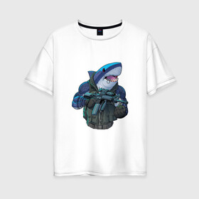 Женская футболка хлопок Oversize с принтом Водный спецназ в Петрозаводске, 100% хлопок | свободный крой, круглый ворот, спущенный рукав, длина до линии бедер
 | акула | арт | граната | зубы | клыки | огнестрельное оружие | рисунок | рыба | рыбы | хищник | человекоподобный