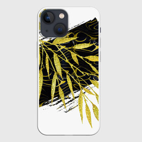 Чехол для iPhone 13 mini с принтом Абстракция с золотыми листьями в Петрозаводске,  |  | абстрактный | абстракция | белый | графика | золотистый | золото | золотой | крупная | крупный | листва | листики | листья | мазки | черный