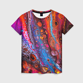 Женская футболка 3D с принтом Брызги на камнях в Петрозаводске, 100% полиэфир ( синтетическое хлопкоподобное полотно) | прямой крой, круглый вырез горловины, длина до линии бедер | арт | искусство | красочность | психоделика | цвет