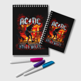 Блокнот с принтом AC/DC HELLS BELLS в Петрозаводске, 100% бумага | 48 листов, плотность листов — 60 г/м2, плотность картонной обложки — 250 г/м2. Листы скреплены удобной пружинной спиралью. Цвет линий — светло-серый
 | Тематика изображения на принте: ac dc | acdc | acdc ас дс | angus | back in black | highway to hell | mckinnon | you | австралийская | ангус янг | ас дс | асдс | блюз | в форме | гитара | группа | крис слэйд | метал | молния | музыка | певец | рок | рок н ролл | стиви янг