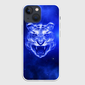 Чехол для iPhone 13 mini с принтом Космический тигр в Петрозаводске,  |  | cat | neon | new year | tiger | восточный гороскоп | год тигра | голова | день рождения | дикие животные | зверь | злой кот | злой тигр | кот | кошак | кошка | неоновый | новый год | огненный | оскал | подарок