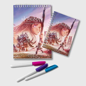 Блокнот с принтом Элой Horizon Forbidden West DE в Петрозаводске, 100% бумага | 48 листов, плотность листов — 60 г/м2, плотность картонной обложки — 250 г/м2. Листы скреплены удобной пружинной спиралью. Цвет линий — светло-серый
 | aloy | bow | dinosaur | games | horizon forbidden west | hunt | nextgen | playstation 5 | ps5 | robot | zero dawn | горизонт | динозавр | запретный запад | игры | лук | некстген | нулевой рассвет | охота | плейстейшен 5 | пс5 | робот | элой