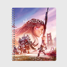 Тетрадь с принтом Элой Horizon Forbidden West DE в Петрозаводске, 100% бумага | 48 листов, плотность листов — 60 г/м2, плотность картонной обложки — 250 г/м2. Листы скреплены сбоку удобной пружинной спиралью. Уголки страниц и обложки скругленные. Цвет линий — светло-серый
 | aloy | bow | dinosaur | games | horizon forbidden west | hunt | nextgen | playstation 5 | ps5 | robot | zero dawn | горизонт | динозавр | запретный запад | игры | лук | некстген | нулевой рассвет | охота | плейстейшен 5 | пс5 | робот | элой