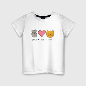 Детская футболка хлопок с принтом PEACE LOVE CATS (Z) в Петрозаводске, 100% хлопок | круглый вырез горловины, полуприлегающий силуэт, длина до линии бедер | cat | cats | love | lovers | peace | кот | коты | любить | любовь | мир | хипи | хиппи