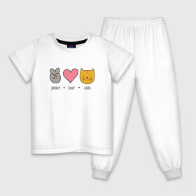 Детская пижама хлопок с принтом PEACE LOVE CATS (Z) в Петрозаводске, 100% хлопок |  брюки и футболка прямого кроя, без карманов, на брюках мягкая резинка на поясе и по низу штанин
 | Тематика изображения на принте: cat | cats | love | lovers | peace | кот | коты | любить | любовь | мир | хипи | хиппи