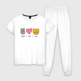 Женская пижама хлопок с принтом PEACE LOVE CATS (Z) в Петрозаводске, 100% хлопок | брюки и футболка прямого кроя, без карманов, на брюках мягкая резинка на поясе и по низу штанин | Тематика изображения на принте: cat | cats | love | lovers | peace | кот | коты | любить | любовь | мир | хипи | хиппи