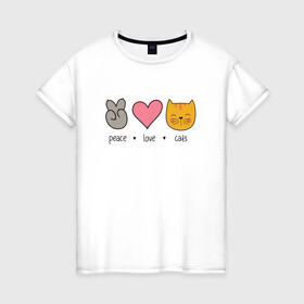 Женская футболка хлопок с принтом PEACE LOVE CATS (Z) в Петрозаводске, 100% хлопок | прямой крой, круглый вырез горловины, длина до линии бедер, слегка спущенное плечо | Тематика изображения на принте: cat | cats | love | lovers | peace | кот | коты | любить | любовь | мир | хипи | хиппи