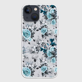 Чехол для iPhone 13 mini с принтом Синие розы в Петрозаводске,  |  | букет | винтаж | для девочек | для девушек | паттерн | розы | цветочный фон | цветы